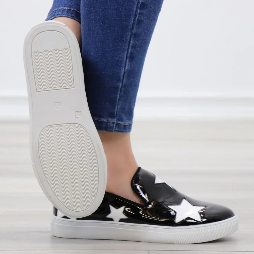 Black With White Stars Patent Sneakers Shoes - Picture 3 of 15